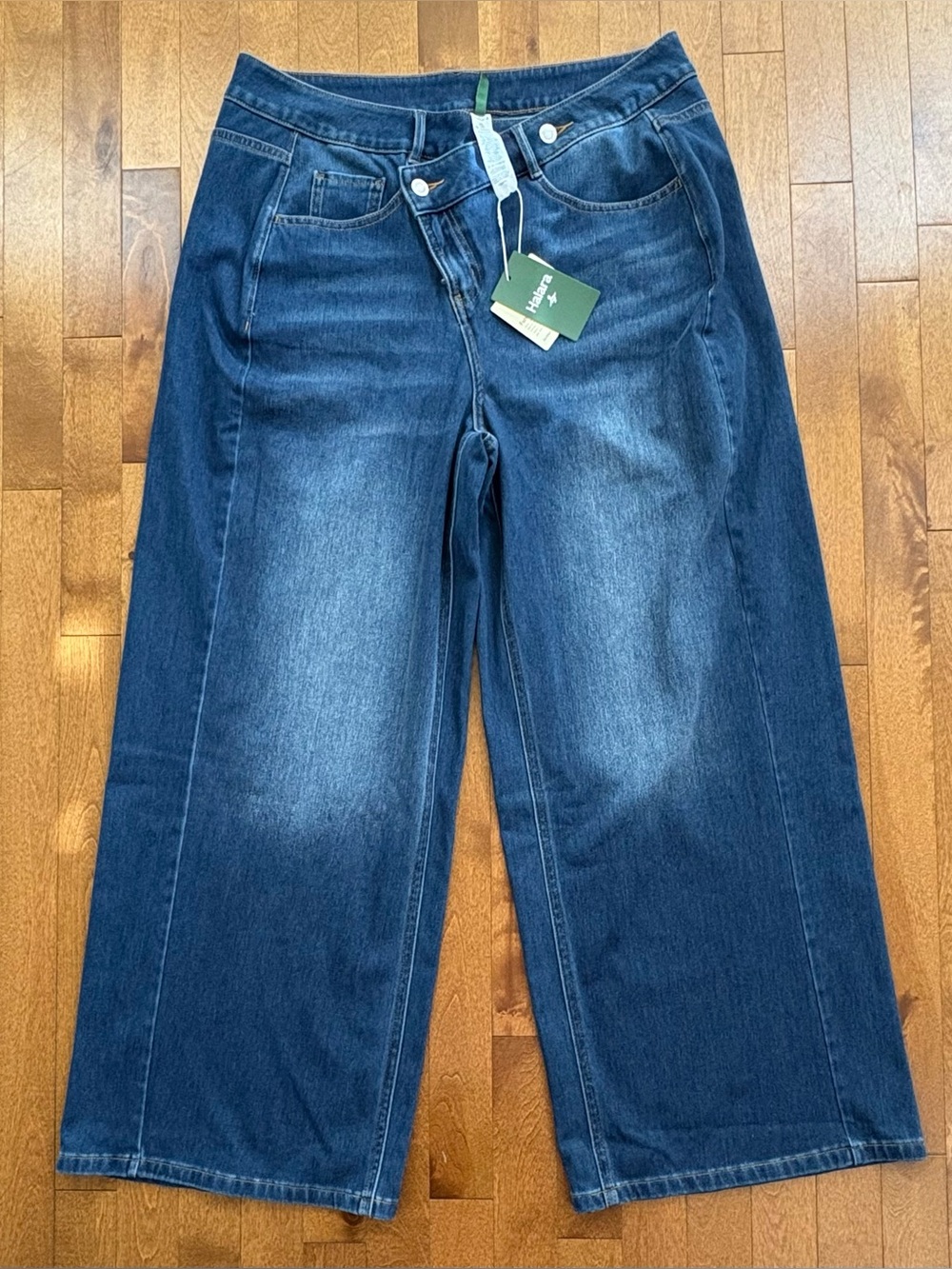 Halara Women's Asymmetrical Waist Wide Leg Denim Pants Medium Wash Size XLPetite